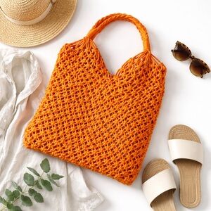J.Crew Orange Macrame Tote Bag Boho Net Market Bag Crochet Beach Summer coastal